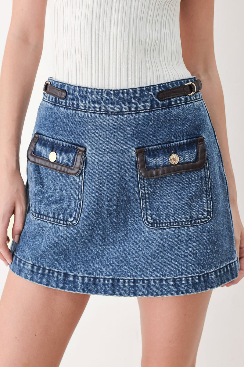Women's High-Waist Denim Skort with Faux Leather Trim