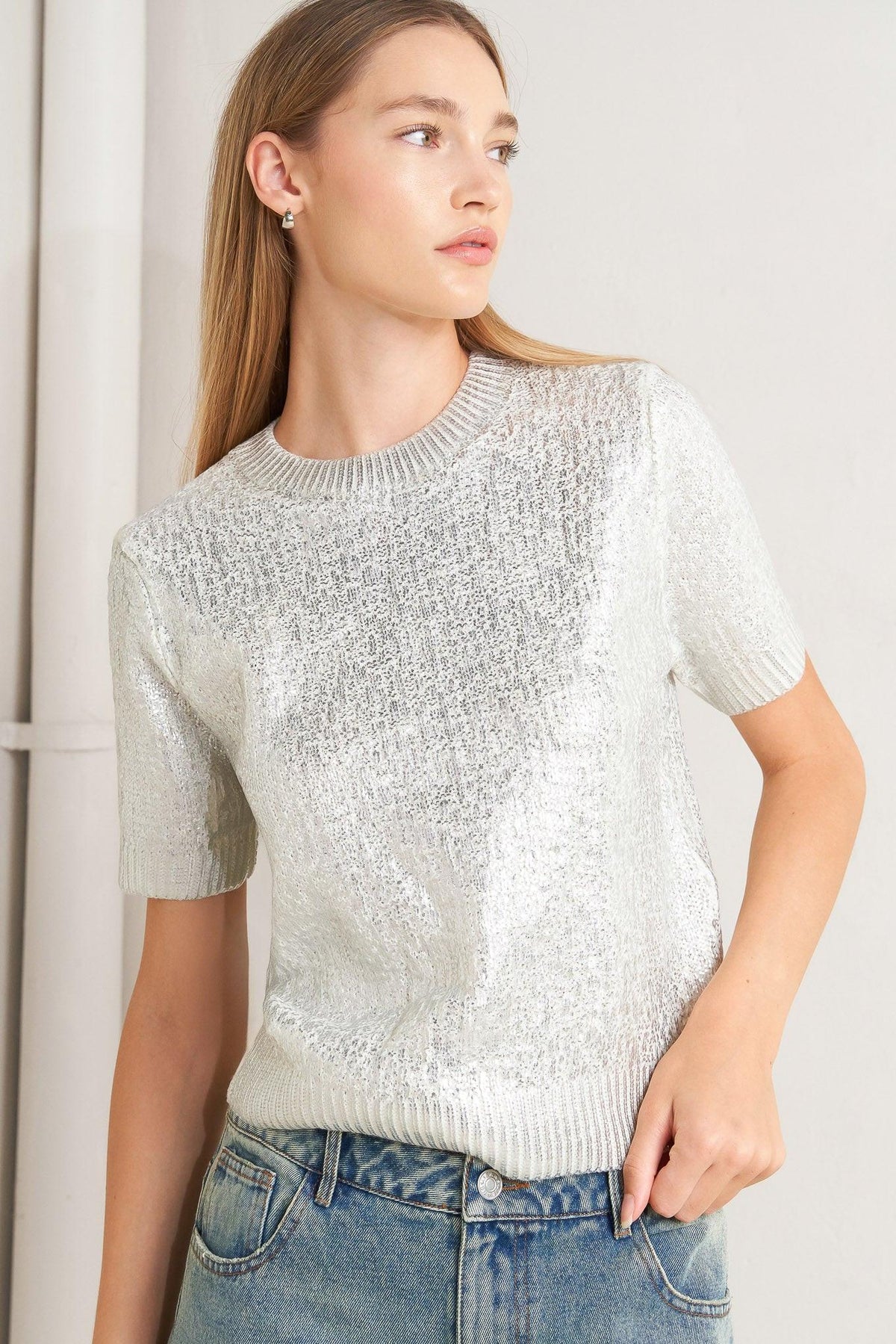 Silver Metallic Short Sleeve Sweater Top
