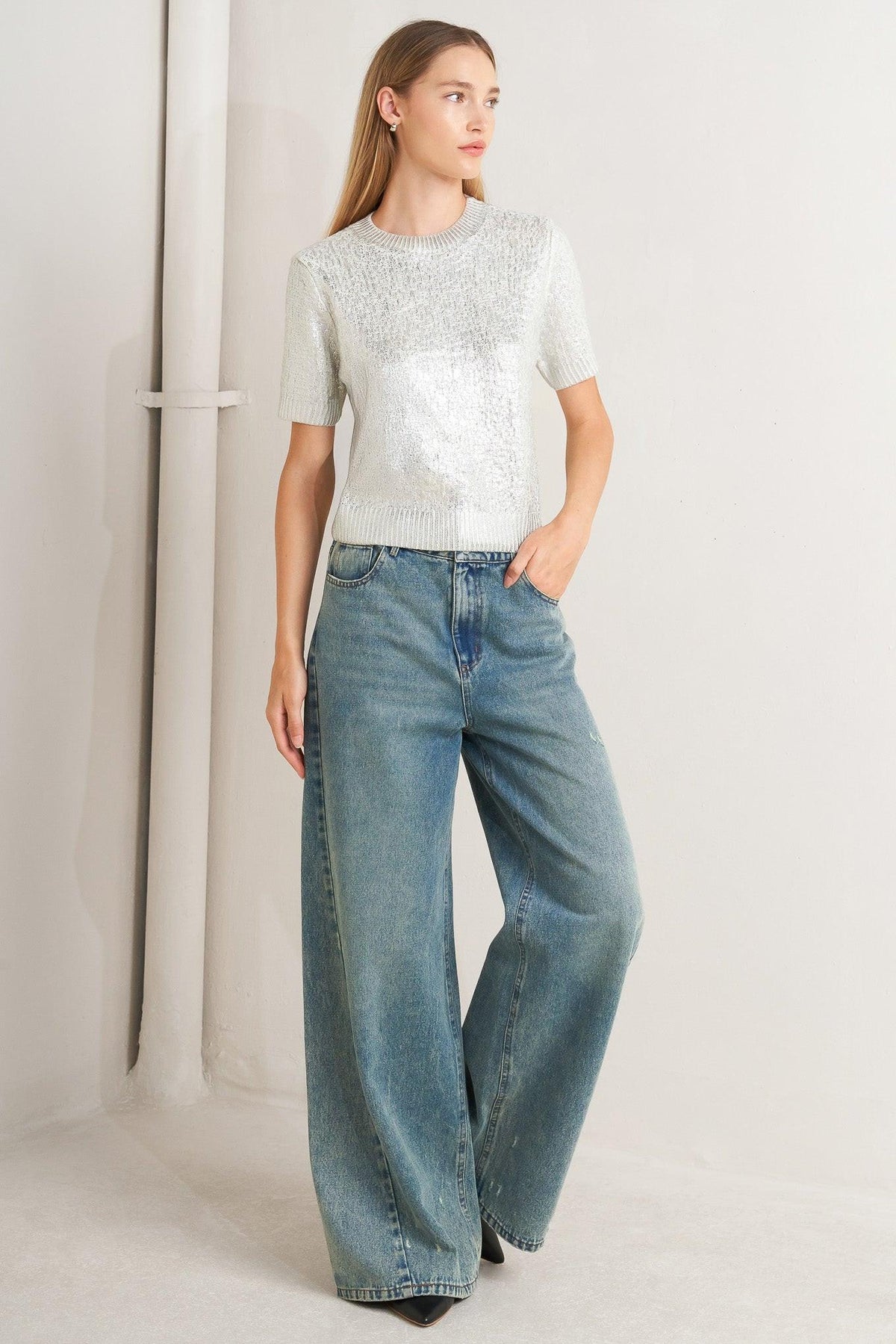 Silver Metallic Short Sleeve Sweater Top
