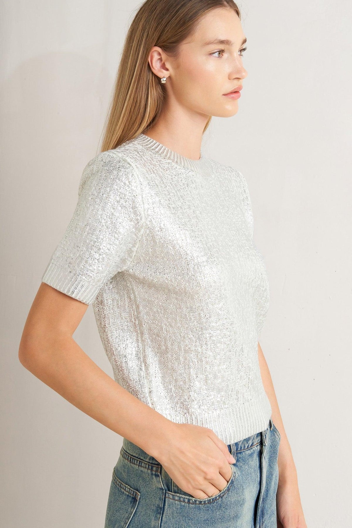 Silver Metallic Short Sleeve Sweater Top