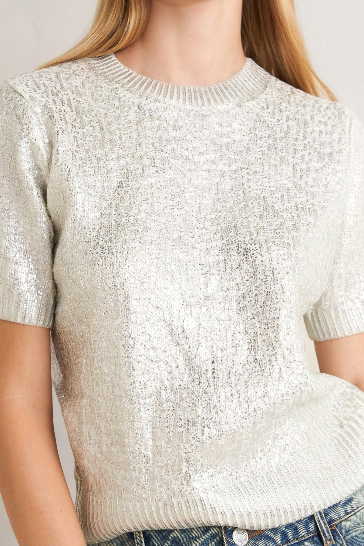 Silver Metallic Short Sleeve Sweater Top