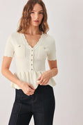 Off White Scalloped V-Neck Short Sleeve Knit Sweater Top with Pockets