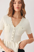 Off White Scalloped V-Neck Short Sleeve Knit Sweater Top with Pockets