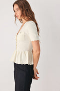 Off White Scalloped V-Neck Short Sleeve Knit Sweater Top with Pockets