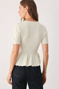 Off White Scalloped V-Neck Short Sleeve Knit Sweater Top with Pockets