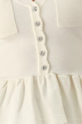 Off White Scalloped V-Neck Short Sleeve Knit Sweater Top with Pockets