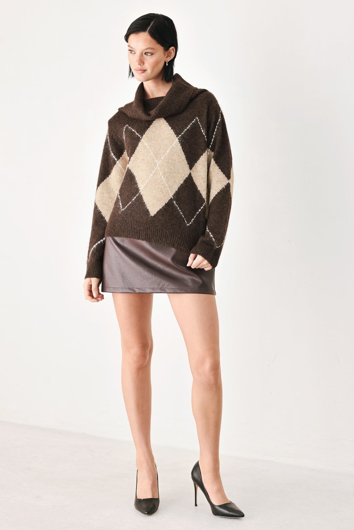 Women’s Brown Argyle Cowl Neck Sweater