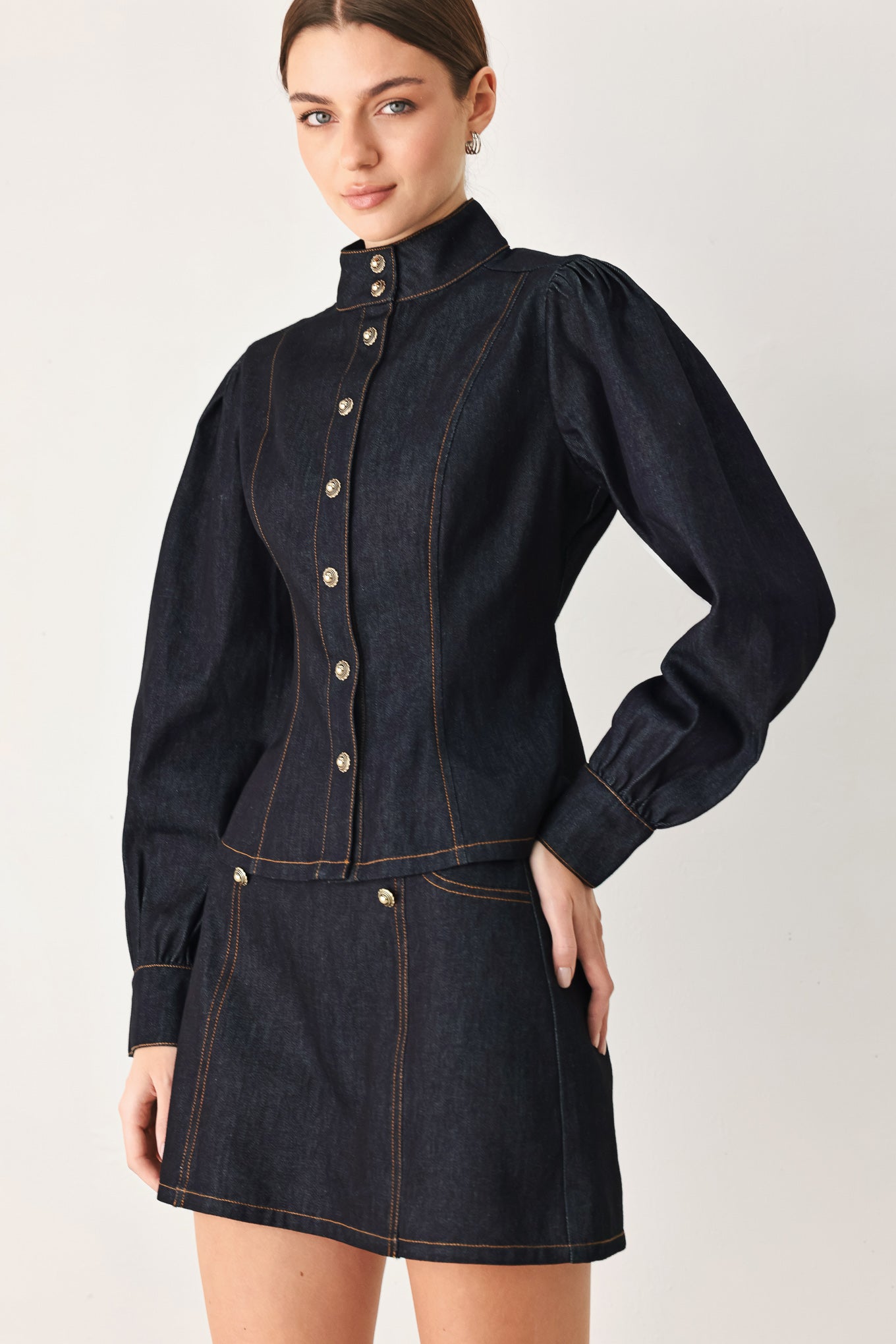 Modern Prep Dark Denim Button Front Top