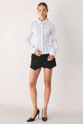 Women's White Pinstripe Button-Down Peplum Blouse