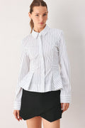 Women's White Pinstripe Button-Down Peplum Blouse
