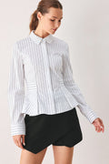 Women's White Pinstripe Button-Down Peplum Blouse