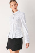 Women's White Pinstripe Button-Down Peplum Blouse
