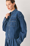 Women's Medium Indigo Pleated Denim Jacket