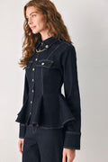 INDIGO ICON DARK INDIGO CHAIN-DETAIL PEPLUM DENIM TOP