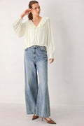 Women's Ivory Ruffle V-Neck Long Sleeve Blouse