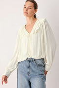 Women's Ivory Ruffle V-Neck Long Sleeve Blouse