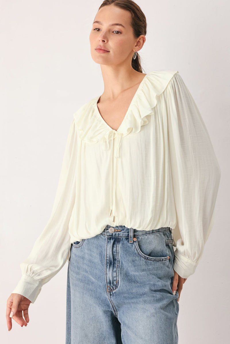 Women's Ivory Ruffle V-Neck Long Sleeve Blouse