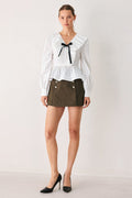 Women's White Ruffle Tie-Neck Peplum Blouse