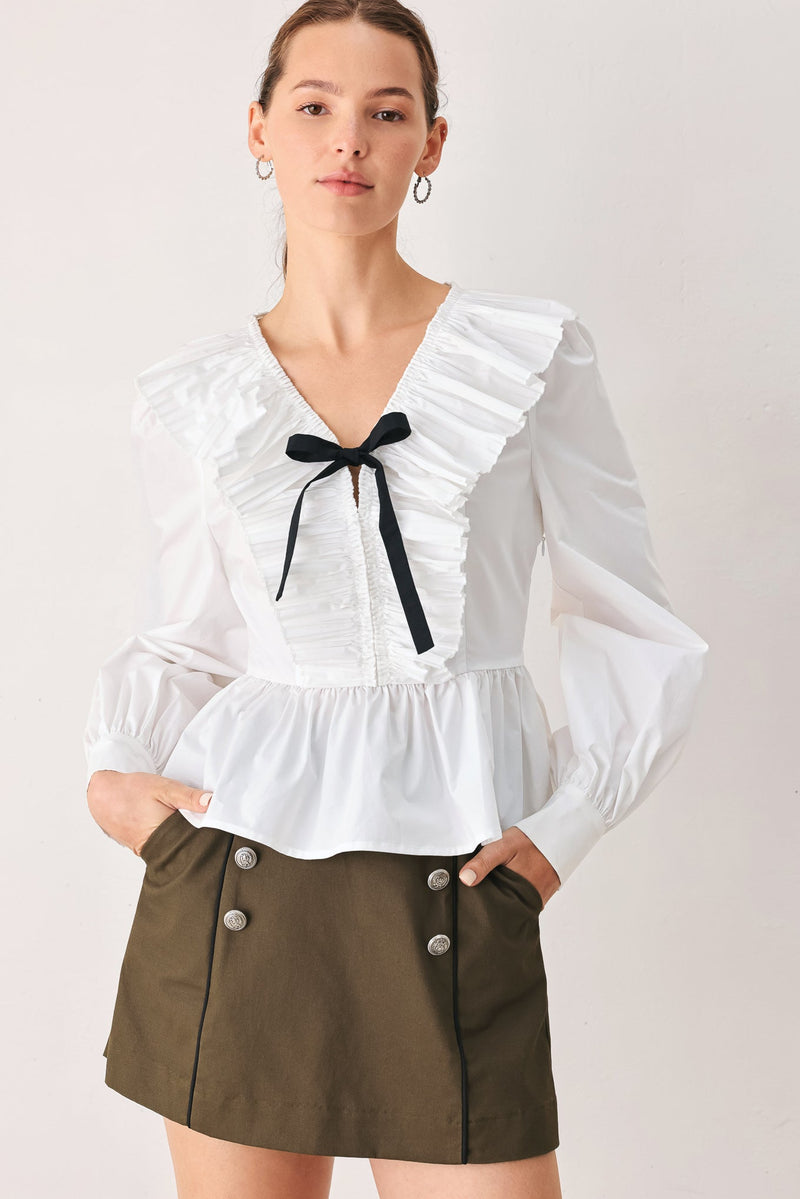 Women's White Ruffle Tie-Neck Peplum Blouse