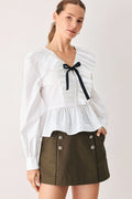 Women's White Ruffle Tie-Neck Peplum Blouse
