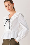 Women's White Ruffle Tie-Neck Peplum Blouse