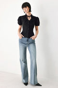 Women's Puff Sleeve Tie Neck Button-Front Blouse