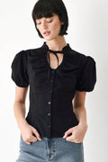 Women's Puff Sleeve Tie Neck Button-Front Blouse