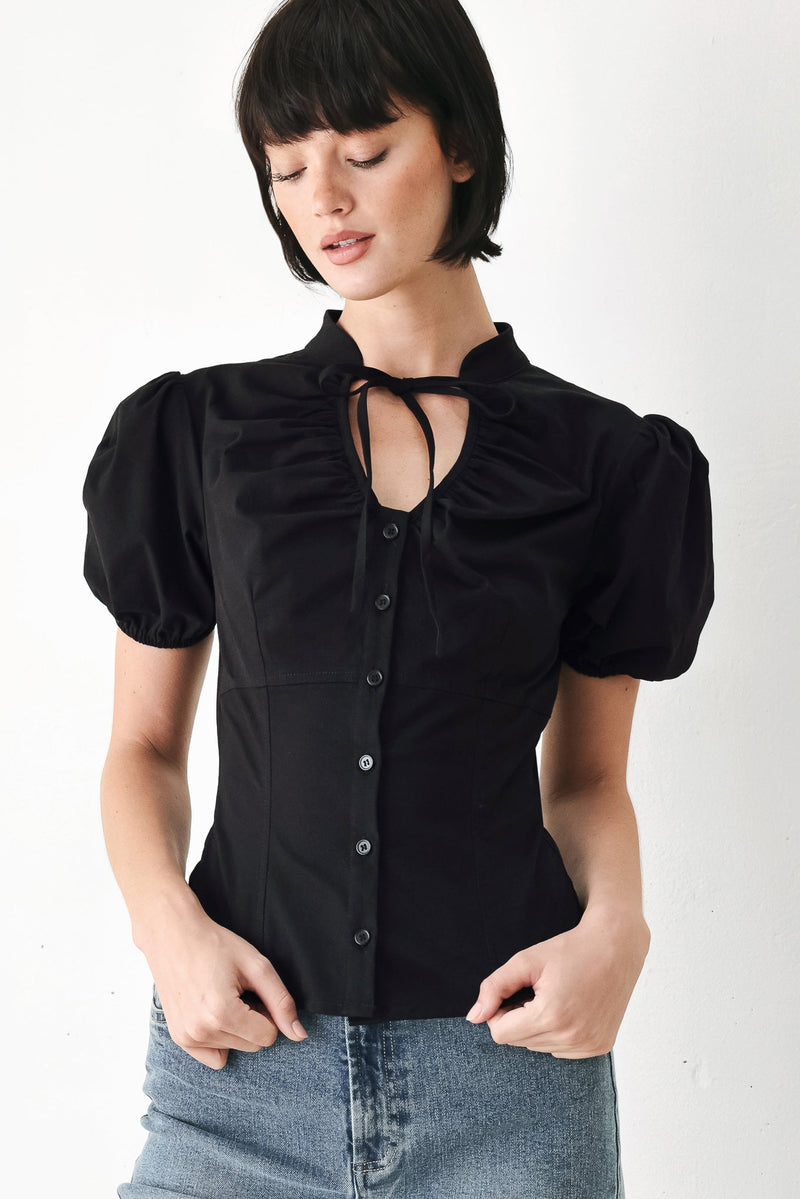 Women's Puff Sleeve Tie Neck Button-Front Blouse