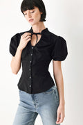 Women's Puff Sleeve Tie Neck Button-Front Blouse