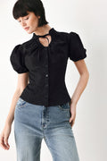 Women's Puff Sleeve Tie Neck Button-Front Blouse