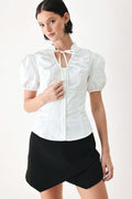 Women's Puff Sleeve Tie Neck Button-Front Blouse