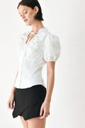 Women's Puff Sleeve Tie Neck Button-Front Blouse