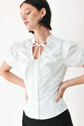 Women's Puff Sleeve Tie Neck Button-Front Blouse