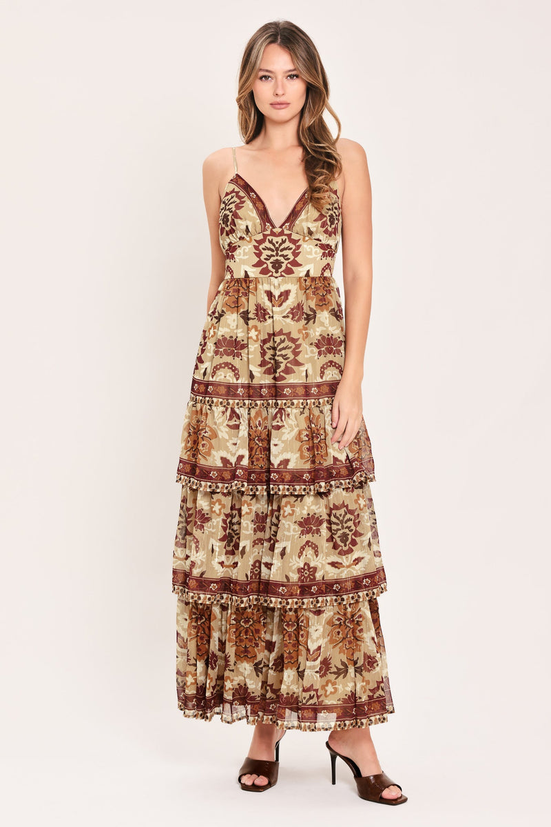 Brown Boho Floral Tiered Maxi Dress with Smocked Back & Adjustable Straps