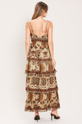 Brown Boho Floral Tiered Maxi Dress with Smocked Back & Adjustable Straps