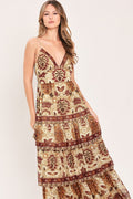 Brown Boho Floral Tiered Maxi Dress with Smocked Back & Adjustable Straps