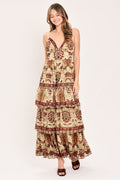 Brown Boho Floral Tiered Maxi Dress with Smocked Back & Adjustable Straps