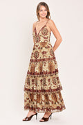 Brown Boho Floral Tiered Maxi Dress with Smocked Back & Adjustable Straps