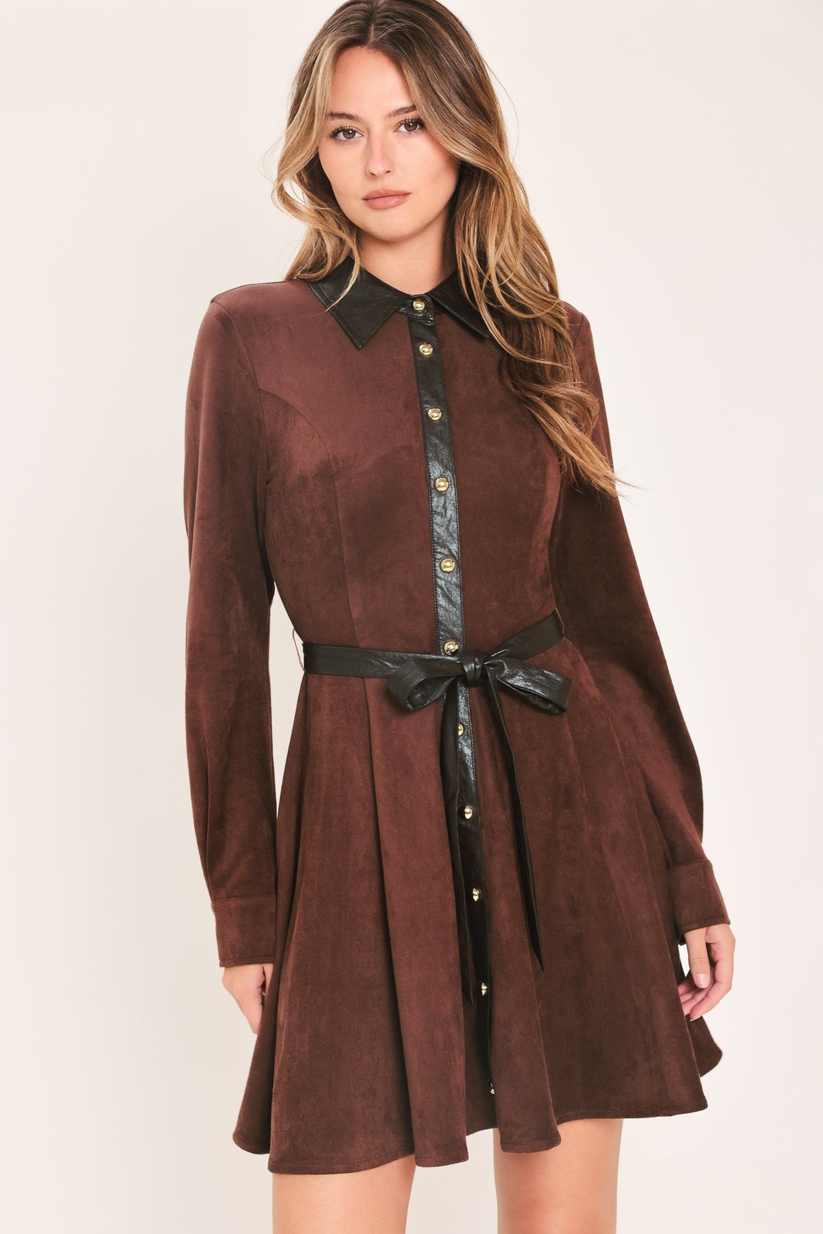 Burgundy Faux Suede Belted Mini Dress