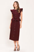 Burgundy Ruffle Button Front Midi Dress
