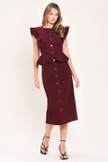 Burgundy Ruffle Button Front Midi Dress