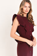 Burgundy Ruffle Button Front Midi Dress