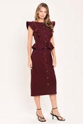 Burgundy Ruffle Button Front Midi Dress