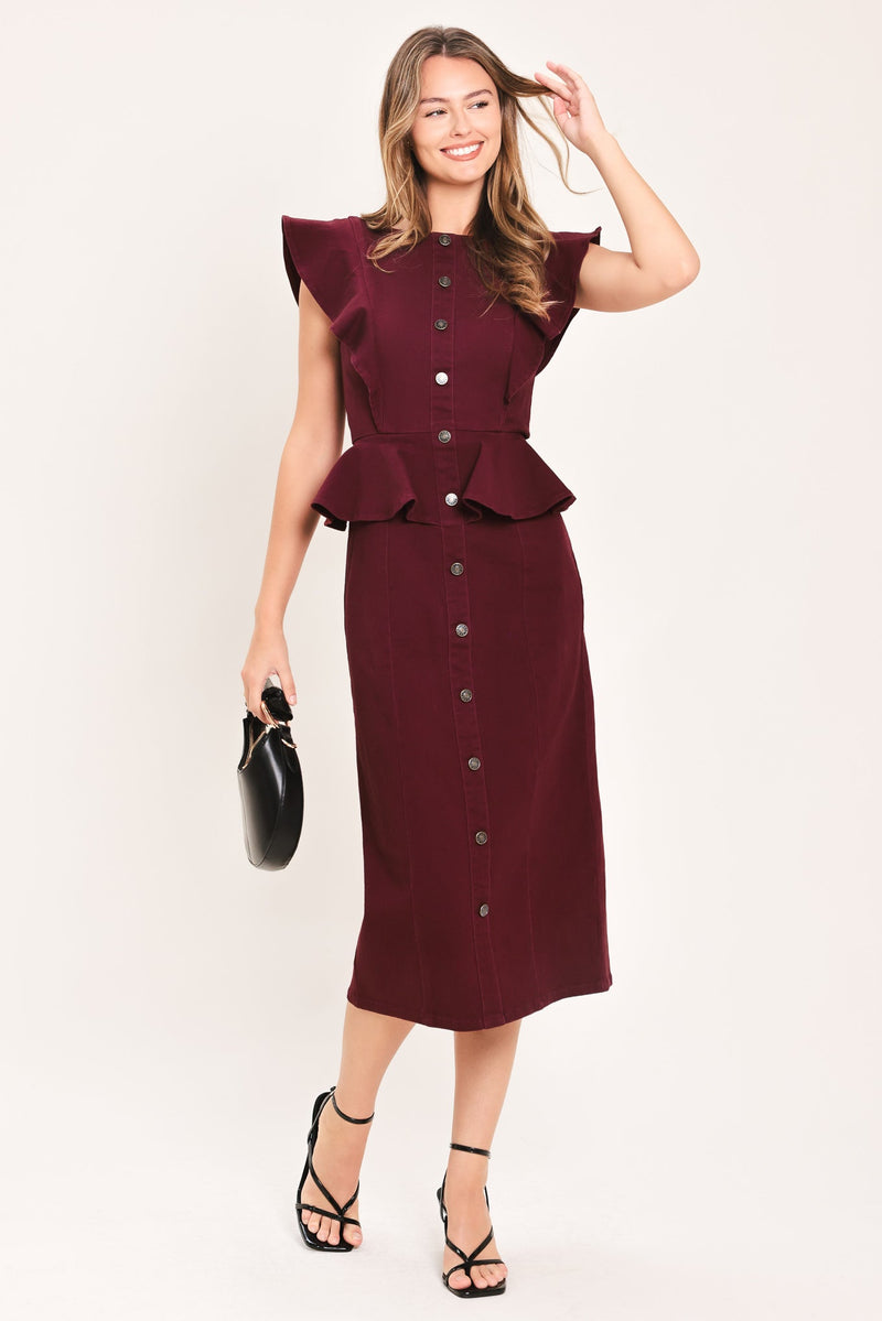 Burgundy Ruffle Button Front Midi Dress