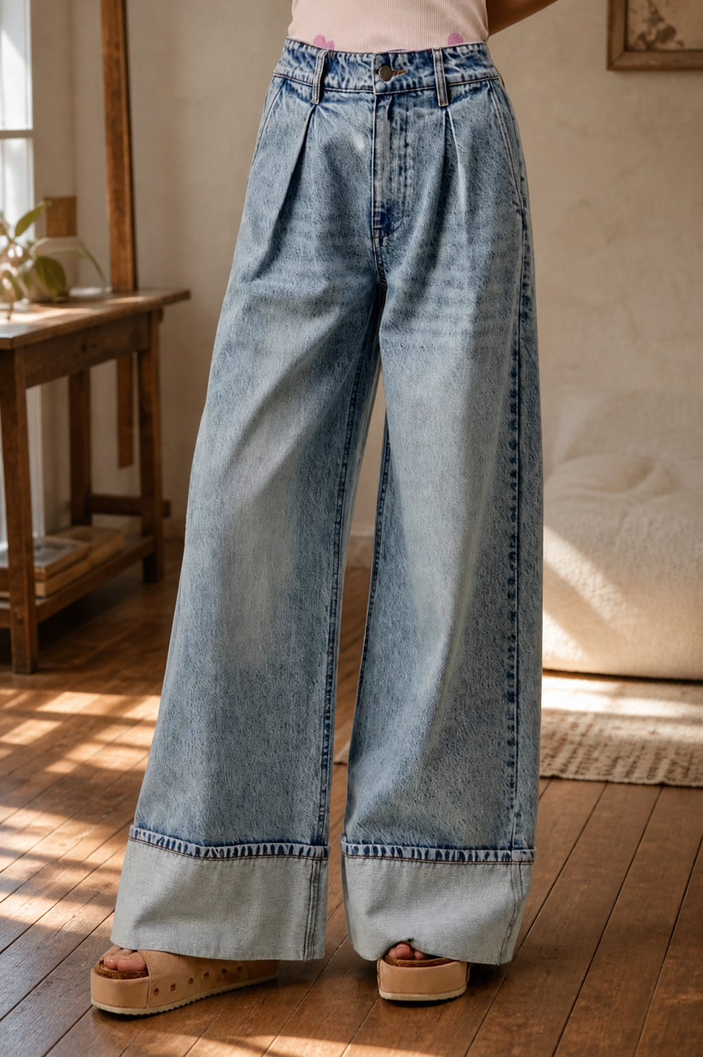 SO ME Mid Rise Pleated Wid Leg Jeans