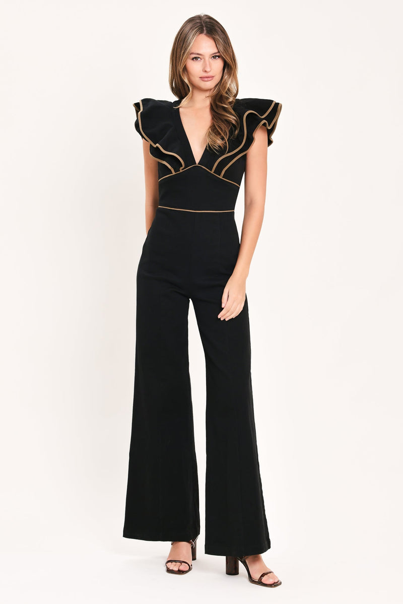 Women's Black Wide Leg Jumpsuit with Ruffle Sleeves & V-Neck