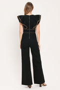 Women's Black Wide Leg Jumpsuit with Ruffle Sleeves & V-Neck