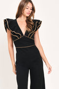 Women's Black Wide Leg Jumpsuit with Ruffle Sleeves & V-Neck