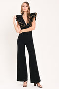 Women's Black Wide Leg Jumpsuit with Ruffle Sleeves & V-Neck
