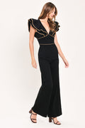 Women's Black Wide Leg Jumpsuit with Ruffle Sleeves & V-Neck